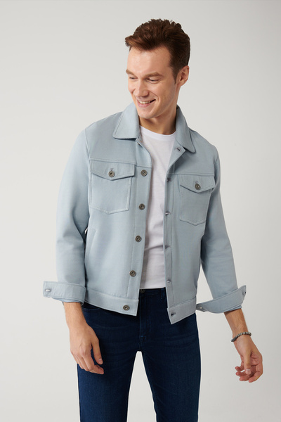 Avva Jachetă pentru bărbați, albastră, cu guler clasic, aspect din piele de căprioară, cu buzunare A41Y6011