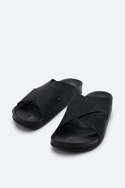 Avva Men's Black Cross Strap Leather Look Flexible Sole Slippers A41Y8300