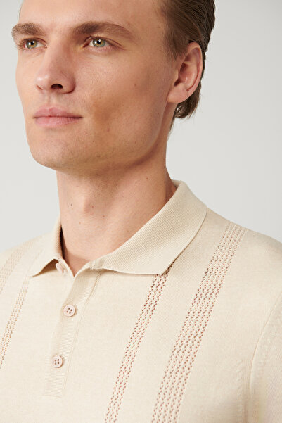 Avva Men's Beige Polo Collar Openwork Detailed Knitwear T-shirt A41Y5096