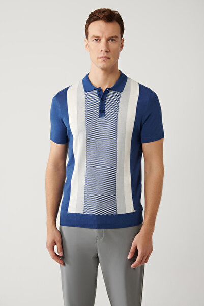 Avva Férfi indigó 3 gombos, színblokkos póló nyakú, normál szabású kötöttáru póló A41Y5025