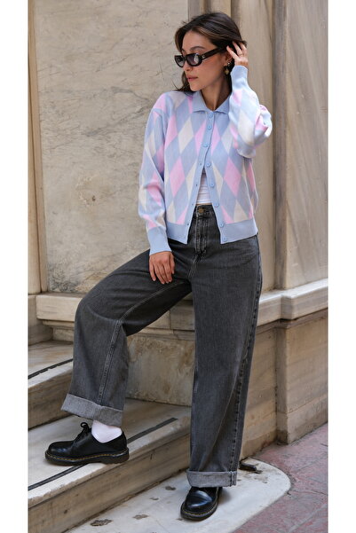 Butik Una Fiaba -Mavi Kadın Polo Yaka Baklava Desenli Düğmeli Triko Hırka