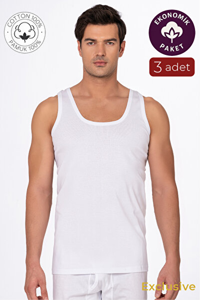 Kompedan 3'lü Paket Pamuklu Ribana Kalın Askılı Erkek Atlet | Beyaz K0113