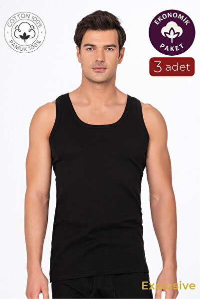 Kompedan 3'lü Paket Pamuklu Ribana Kalın Askılı Erkek Atlet | Siyah K0113
