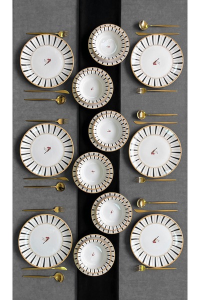 Erbaşlar Sevda Kuşu Siyah Yuvarlak 18 Parça 6 Kişilik Lüx Yemek Takımı Seti Y...