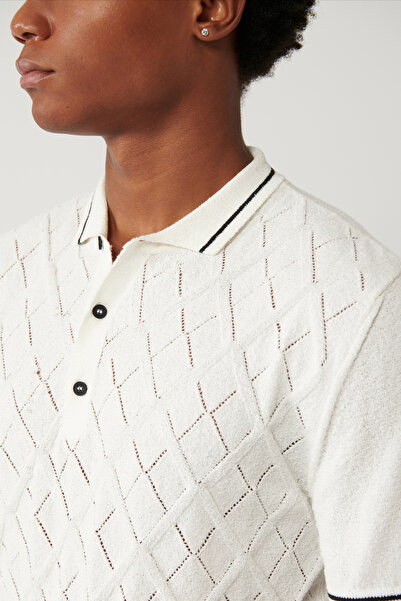 Avva Men's Ecru 3-Button Diamond Pattern Polo Neck Regular Fit Knitwear T-Shirt A41Y5053