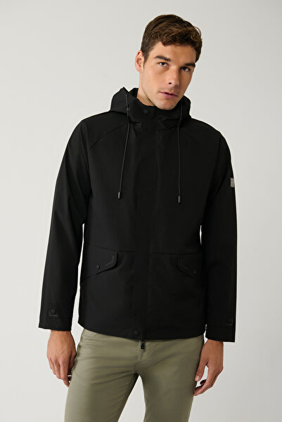 Avva Men's Black Hooded Collar Raglan Sleeve Water Repellent Seasonal Comfort Fit Coat A41Y6036