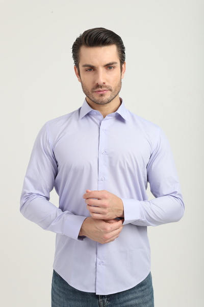 ANDINO Slimfit Lilac Blue Men's Shirt Cotton Polyester with a Slim Fit Struct...