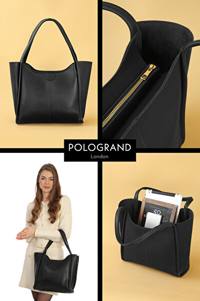 POLOGRAND London Originální velkoobjemová luxusní taška z měkké kůže se zipem a dvojitým uchem Stylová velká taška přes rameno