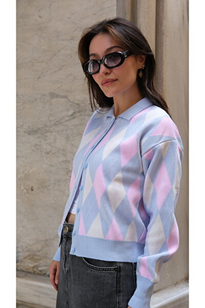 Butik Una Fiaba -Mavi Kadın Polo Yaka Baklava Desenli Düğmeli Triko Hırka