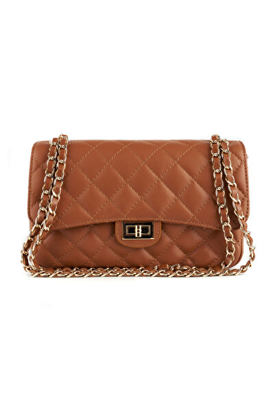 AZZURA Patricia leather crossbody bag, 100% leather, quilted, cognac brown