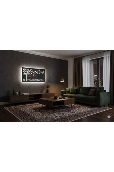 shop BSD Dekoratif Ağaç,Kuş, Yaprak Desenli Ledli Tablo