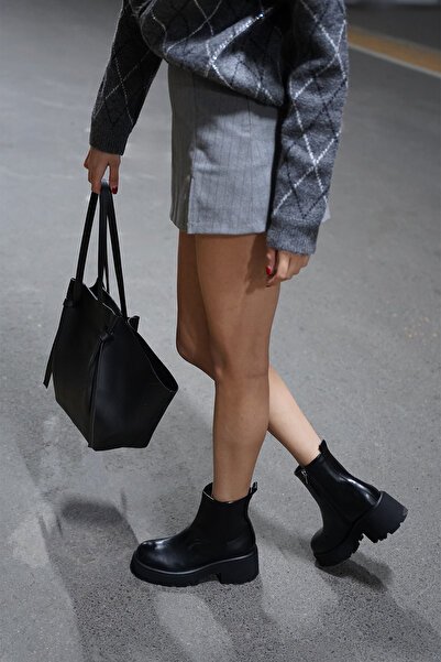 Marjin Women's Zippered Thick Serrated Sole Daily Boots Finto Black