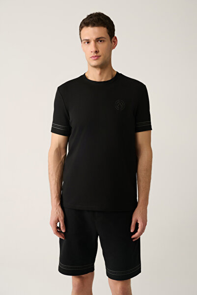 Avva Pánské černé tričko Regular Fit s potiskem z úpletu s výstřihem na kolo A41Y1107