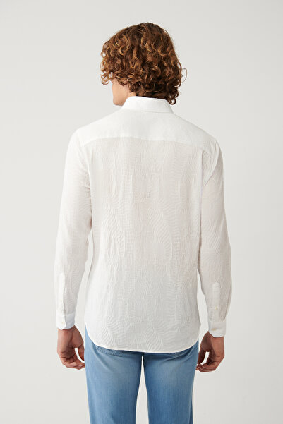 Avva Men's White Bottomed Britli Collar Cotton Textured Slim Fit Shirt A41Y2080