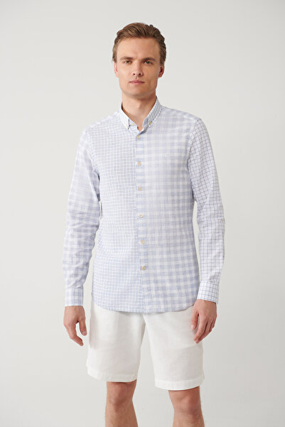 Avva Erkek Mavi Ekose Parçalı Keten Karışımlı Regular Fit Gömlek A41Y2052