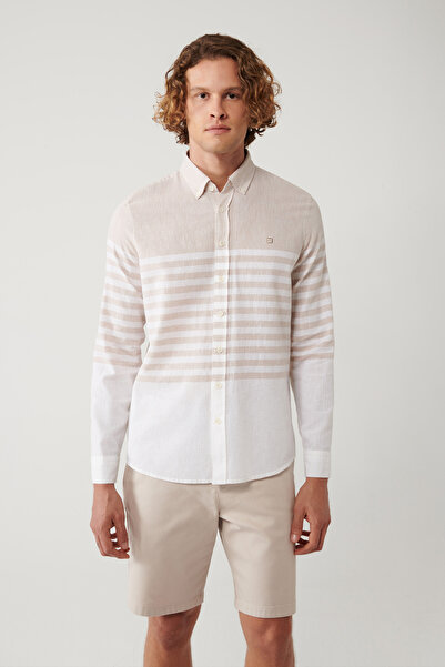 Avva Ανδρικό πουκάμισο με γιακά με ρίγες σε μπεζ χρώμα A41Y2190
