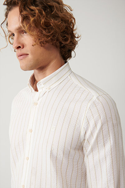 Avva Men's White Seersucker Striped Lycra Cotton Slim Fit Shirt A41Y2112