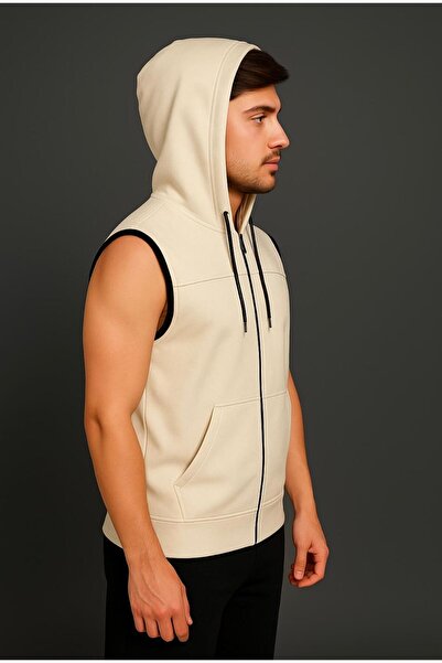 AXXEL Men's Cream Zippered Hooded Kangaroo Pocket Sleeveless Vest-Y1142