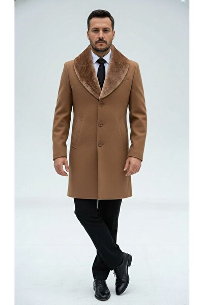 Plus Scorpion Men's Long Cashmere Coat – Detachable Fur Collar, Lined and with Pockets Slim Fit Coat (Beige,