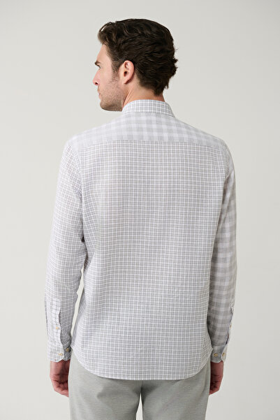 Avva Men's Gray Plaid Patchwork Linen Blend Regular Fit Shirt A41Y2052