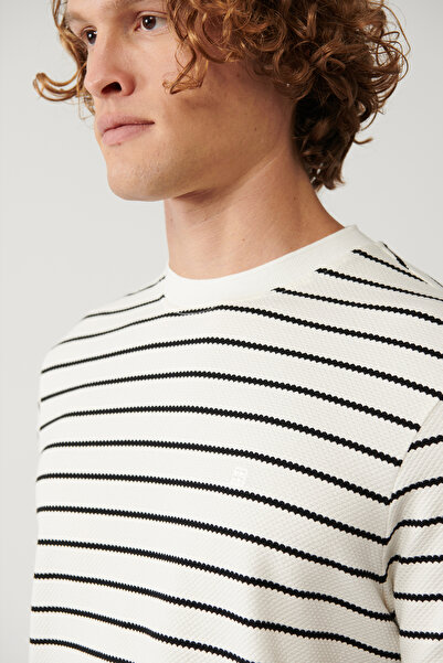 Avva Weißes Herren-T-Shirt mit Rundhalsausschnitt und Streifen aus Baumwolle in regulärer Passform A41Y1066