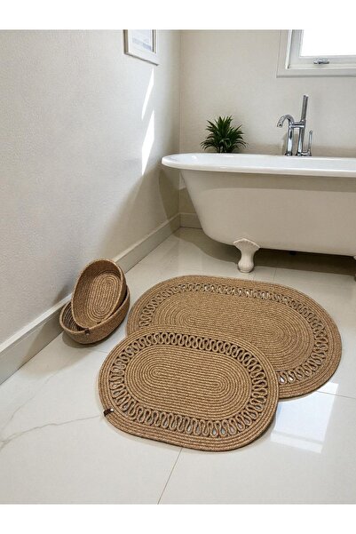 MaVaux Terra 4-Piece Bathroom Set – 2 Oval Mats & 2 Oval Baskets, Natural Rope Weaving, Handmade - Premium