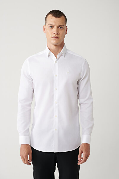 Avva Cămașă albă pentru bărbați, cu guler clasic, 100% bumbac, Dobby, slim fit A41Y2033