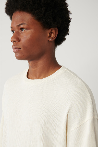 Avva Men's Ecru Crew Neck Jacquard Basic Regular Fit T-Shirt A41Y1311