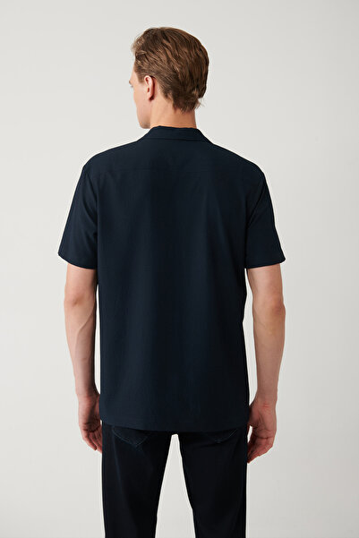 Avva Мъжка тъмносиня риза с яка Apaj, лесна за гладене, с къс ръкав и редовна кройка A41Y2169