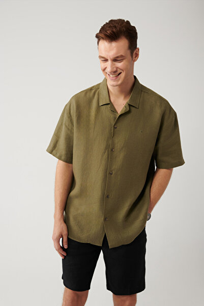 Avva Men's Khaki Apaj Collar 100% Linen Short Sleeve Oversize Fit Shirt A41Y2209
