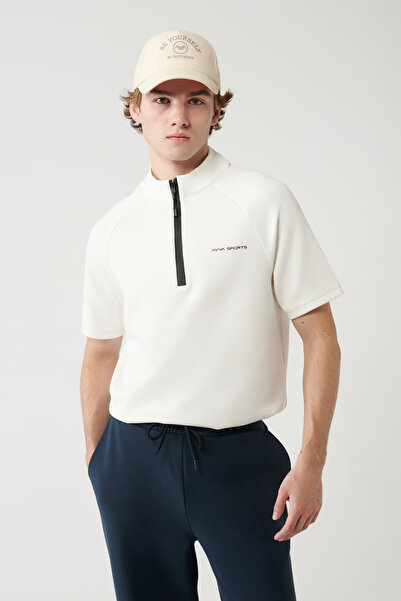 Avva Men's Ecru Stand Collar Half Zipper Printed Regular Fit T-Shirt A41Y1312