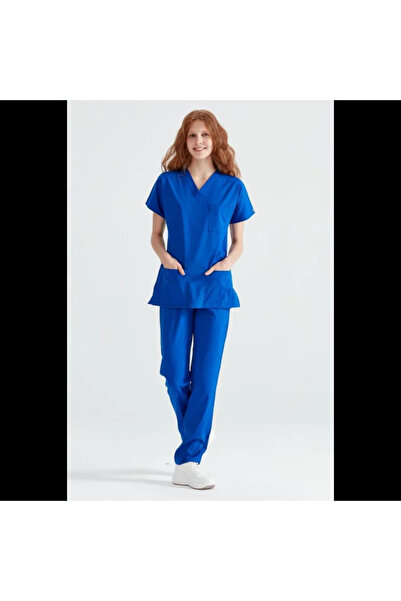 Moodamedikal Saks Mavi Tek Renkli Likralı Kumaş Cerrahi Takım V Yaka Forma