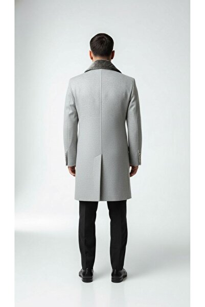 Plus Scorpion Men's Long Cashmere Coat – Detachable Fur Collar, Lined and with Pockets Slim Fit Coat (Beige,