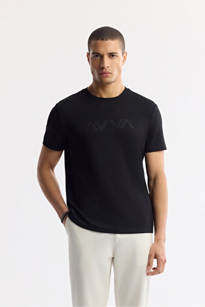 Avva Pánské černé tričko s potiskem kulatým výstřihem Interlock Regular Fit A41Y1174