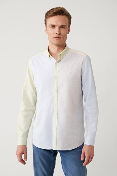 Avva Erkek Açık Mavi Düğmeli Yaka Keten Karışımlı Regular Fit Gömlek A41Y2068