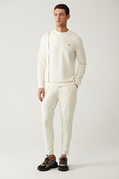 Avva Men's Ecru Elastic Waist Lace-Up Zipper Long Soft Touch Regular Fit Sweatpants A41Y3401