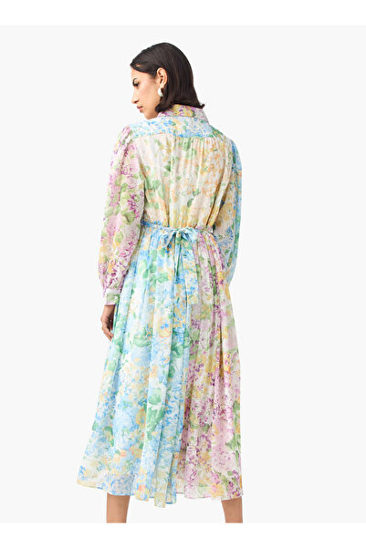 2Xtremz Floral Print Shirt Dress with Cuff Sleeves and Tie-Up Belt