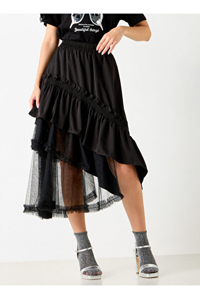 2Xtremz Textured Asymmetric Midi Skirt With Ruffle Detail