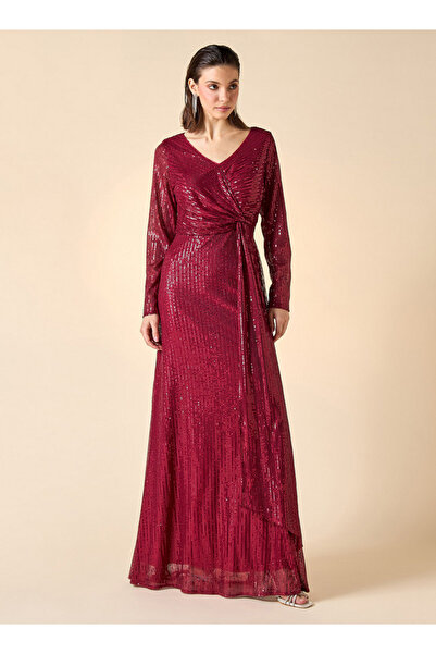 2Xtremz Sequin Embellished Maxi Dress with V-neck and Long Sleeves