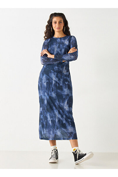 2Xtremz All-over Print Midi Dress With Round Neck And Long Sleeves