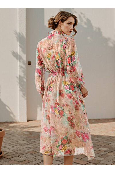 2Xtremz Floral Print Ruffle Neck Midi Dress