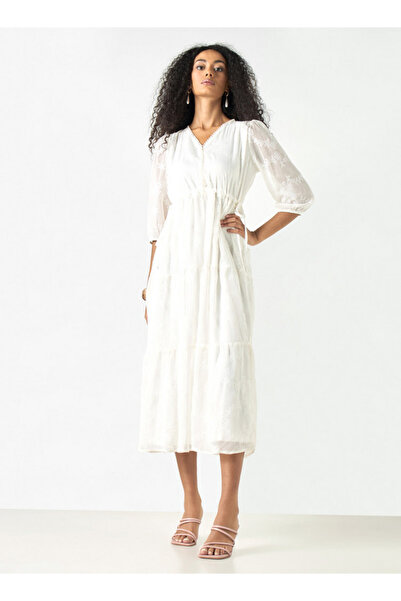 2Xtremz Embroidered V-neck A-line Midi Dress With Puff Sleeves