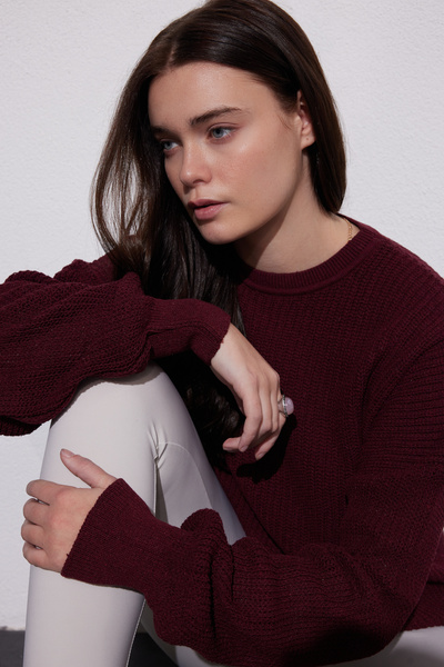 Tudors Women's Oversized Wide Cut Knitted Detailed Crew Neck Burgundy Sweater