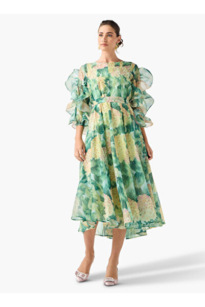 2Xtremz Floral Print Midi Dress with Ruffle Sleeves and Tie-Up Belt
