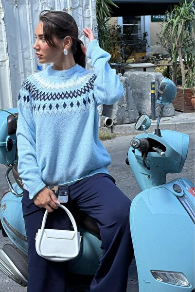 Madmext Pulover de damă cu model albastru cu gât turnat Mg2502