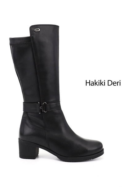 GÖNDERİ(R) Women's Black Thick Heeled Genuine Leather Boots