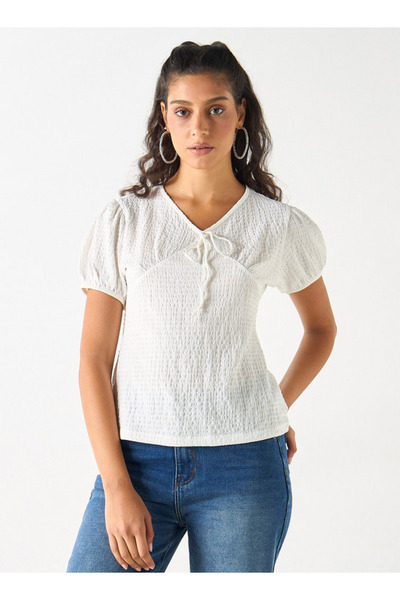 2Xtremz Textured Top with Tie-Up Neck and Short Sleeves