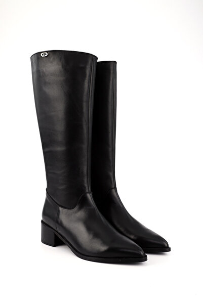 GÖNDERİ(R) Women's Black Pointed Toe Thick Heeled Genuine Leather Boots