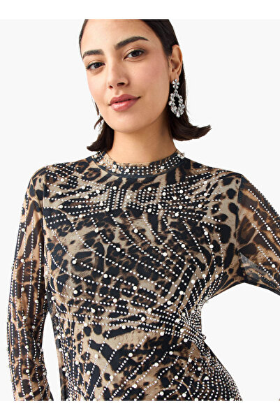 2Xtremz 2Xtremz Mesh Embellished Dress with Long Sleeves and High Neck