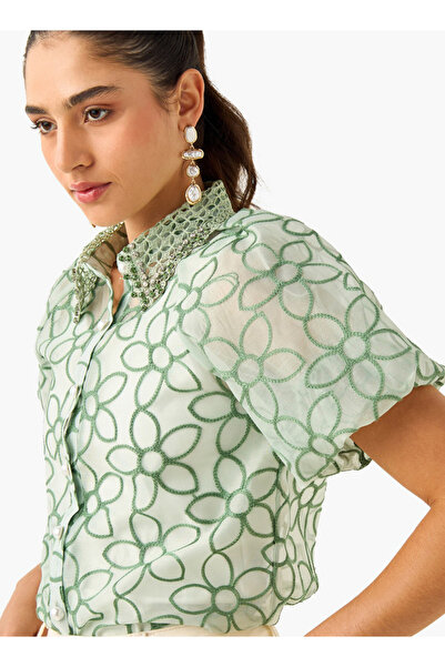 2Xtremz Floral Embroidered Shirt with Button Closure and Puff Sleeves